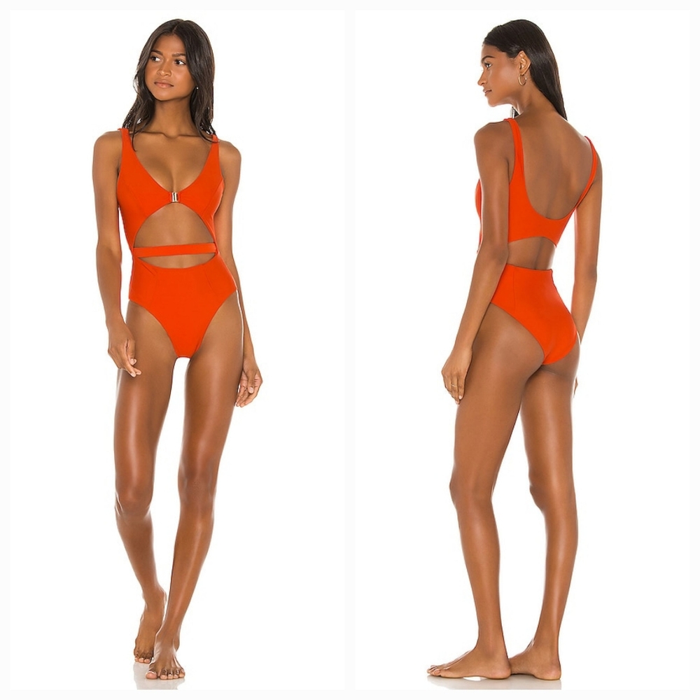 Red Cutout One-Piece Swimsuit with Buckle Detail